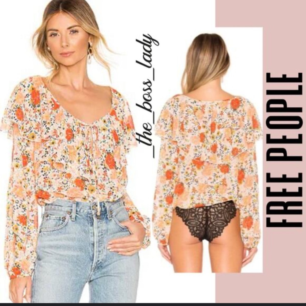 Floral Ruffle Blouse - Orange and Black